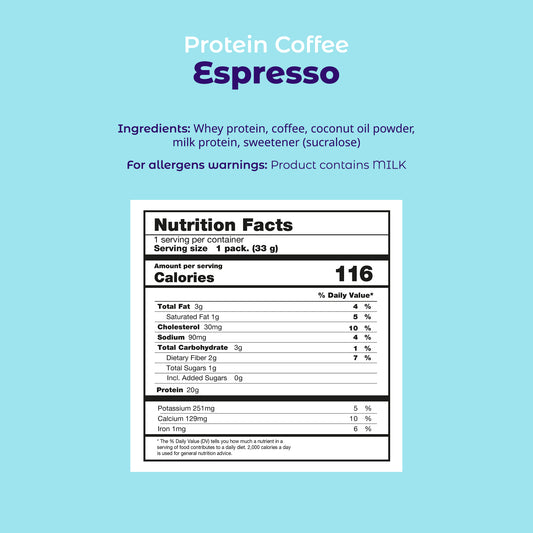 Protein Coffee Powder Espresso - 20g Protein, 70 mg Caffeine, 0g Sugar | Pack of 10