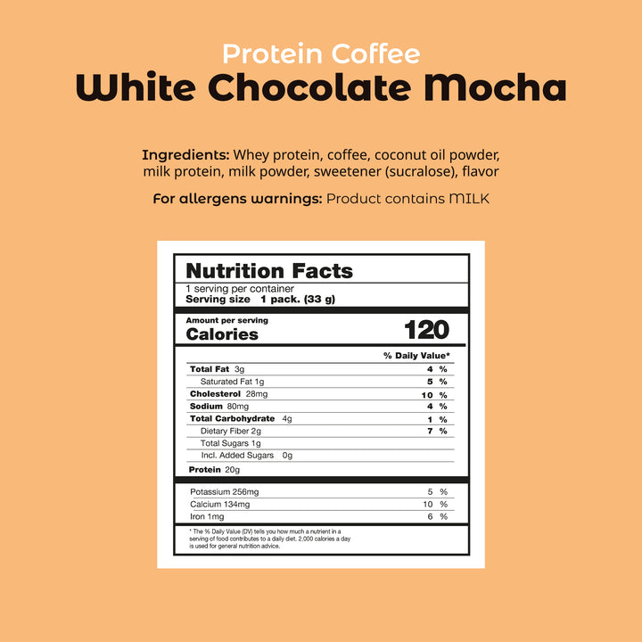 Protein Coffee Powder White Choco Mocha  – 20g Protein, 70 mg Caffeine, 0g Sugar | Pack of 10